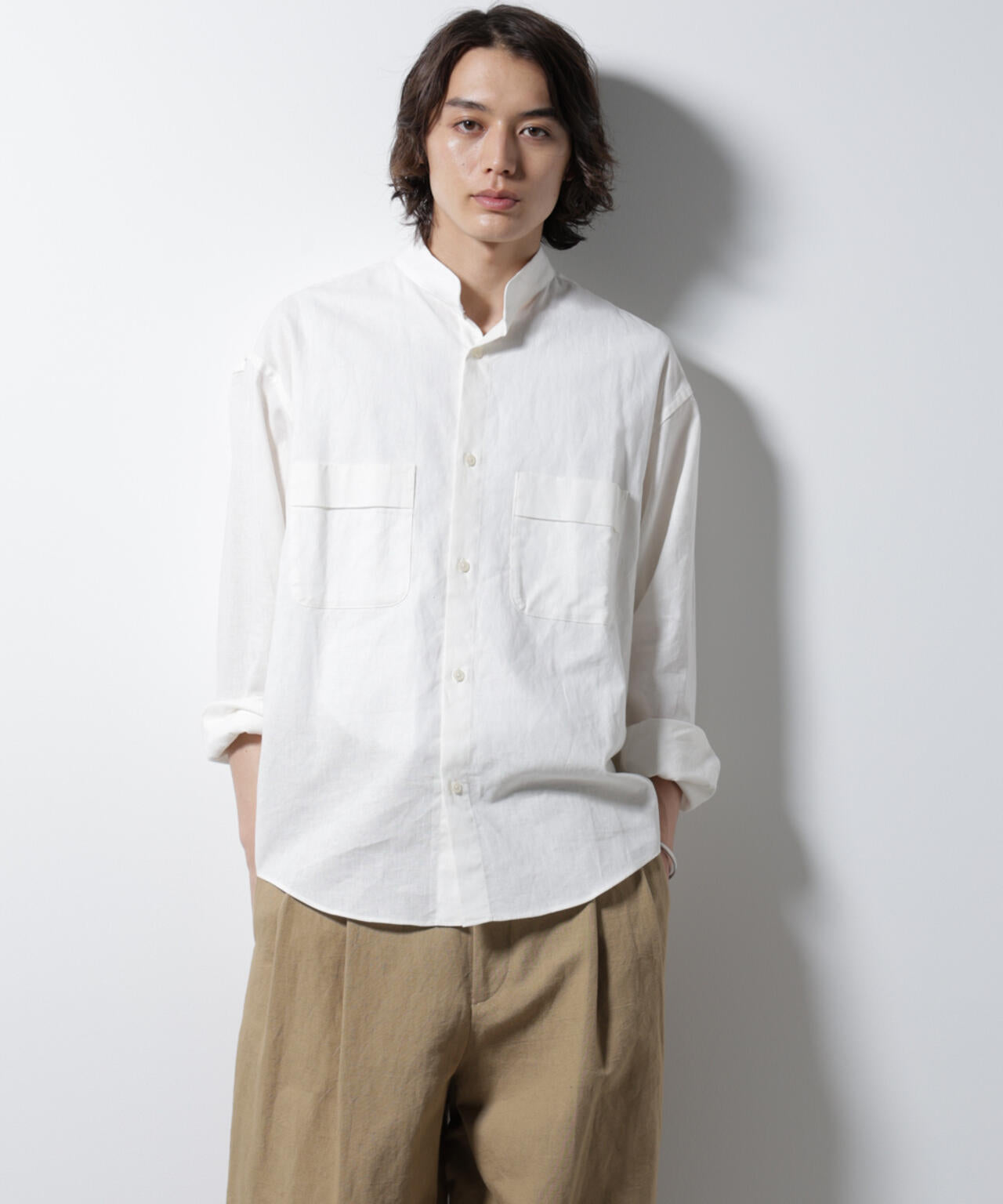 「BELGIUM LINEN FABRICS」リネンコットンスタンドカラーシャツ 6685120219