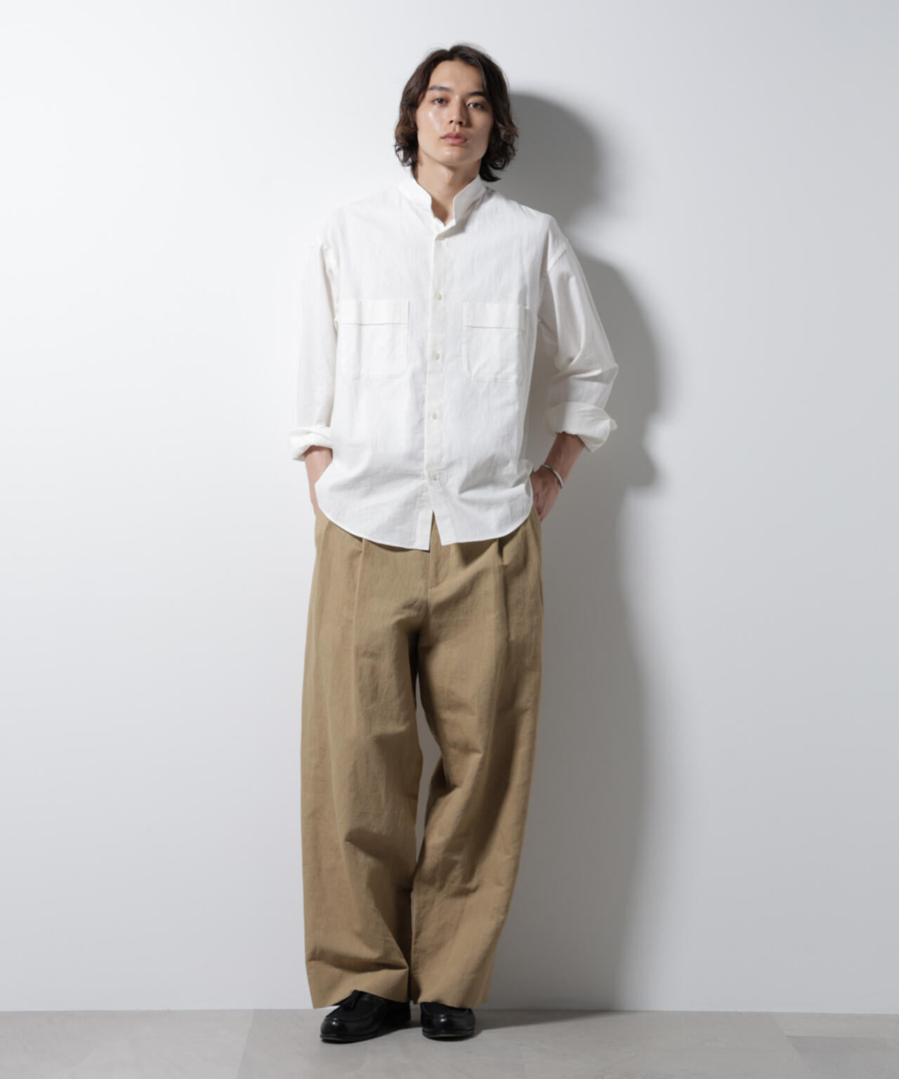 「BELGIUM LINEN FABRICS」リネンコットンスタンドカラーシャツ 6685120219